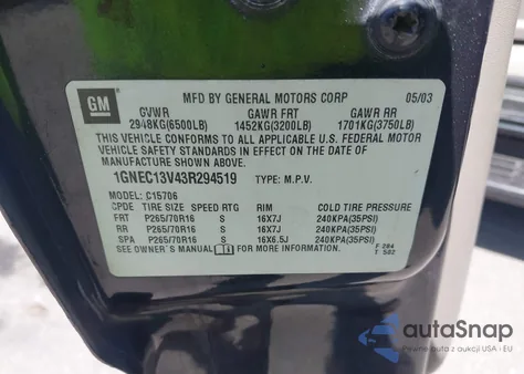 2003 Chevrolet Tahoe Ls z USA, uszkodzony, nr VIN 1GNEC13V43R294519